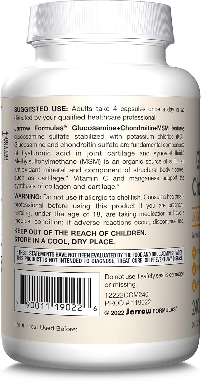 Jarrow Formulas Glucosamine + Chondroitin + MSM Capsules, Joint Support Supplement with Vitamin C and Manganese, 240 Capsules, 60 Day Supply