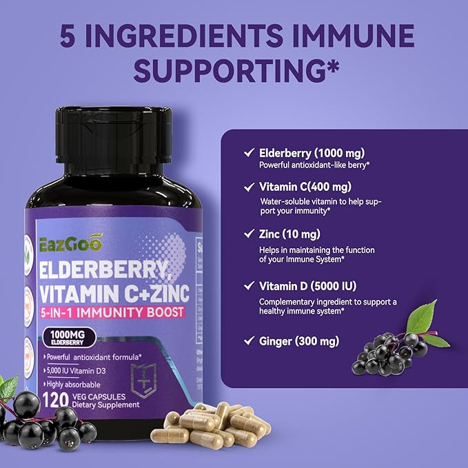Sambucus Elderberry with Zinc & Vitamin C - 5 in 1 Immune Support Supplement, Non-GMO, 120 Vegetarian Capsules, 2 Months Supply