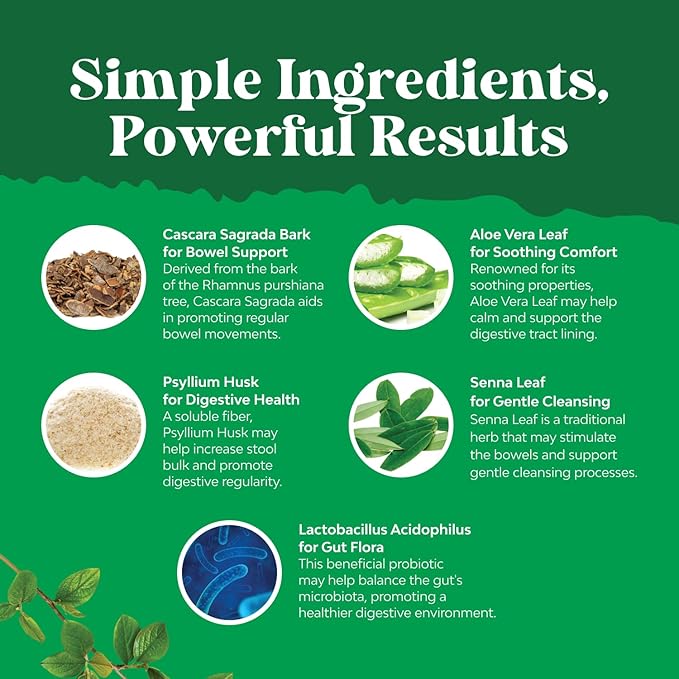 Herbal Laxative Capsules with Probiotics – Gentle Laxative for Women and Men with Senna Leaf Psyllium Husk and Cascara Sagrada - Senna Pills for Colon Cleanse and Detox Support (60 Servings)