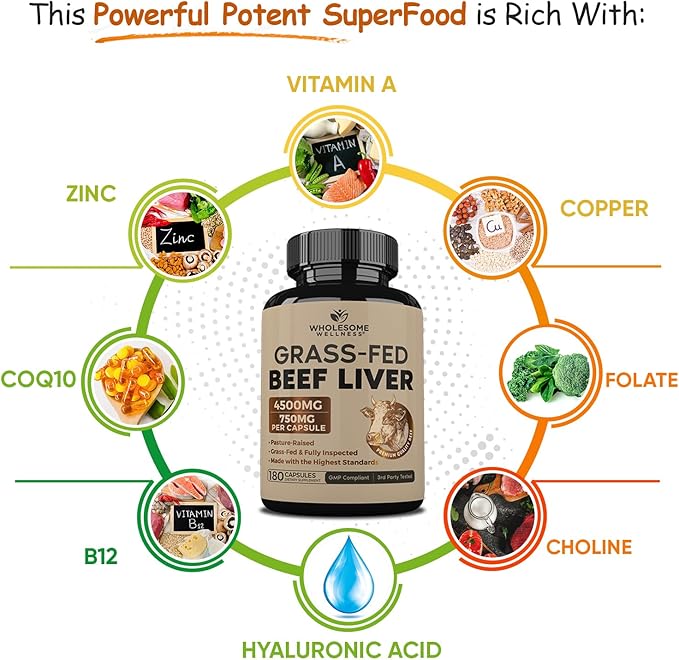 Wholesome Wellness Grass Fed Desiccated Beef Liver Capsules (180 Pills, 750mg Each) - Natural Iron, Vitamin A, B12 for Energy - Raised Undefatted in New Zealand Without Hormones or Chemicals