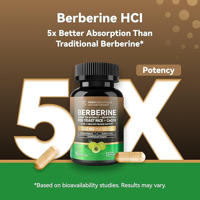 Berberine 1300mg with Green Tea Extract, Resveratrol, Red Yeast Rice & CoQ10 – 13-in-1 Immune Health, Natural Metabolic Support – 60 Capsules – Non-GMO, Lab Tested