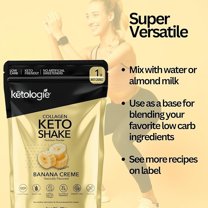 Keto Collagen Shake (Banana Creme) - with Coconut Oil, Prebiotics, Grass Fed Hydrolyzed Collagen Peptides Type I & III, Low Carb, Gluten Free,1.78lbs.