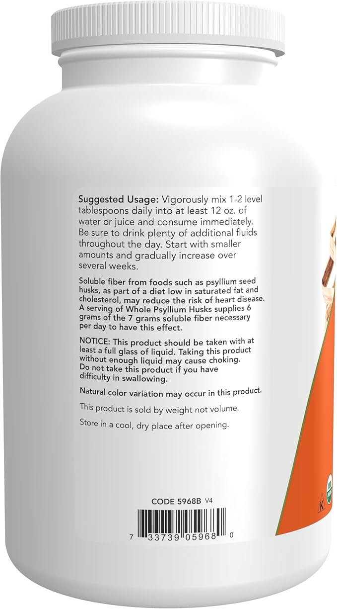 NOW Foods Supplements, Whole Psyllium Husks, Certified Organic, Non-GMO Project Verified, Soluble Fiber, 12-Ounce