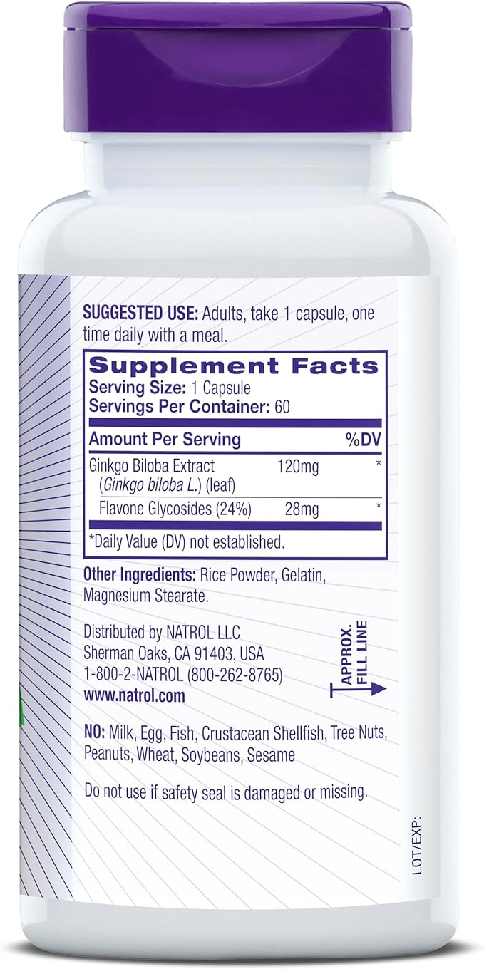 Natrol Brain Health Ginkgo Biloba 120mg, Dietary Supplement for Brain Health and Memory Support, 60 Capsules, 60 Day Supply