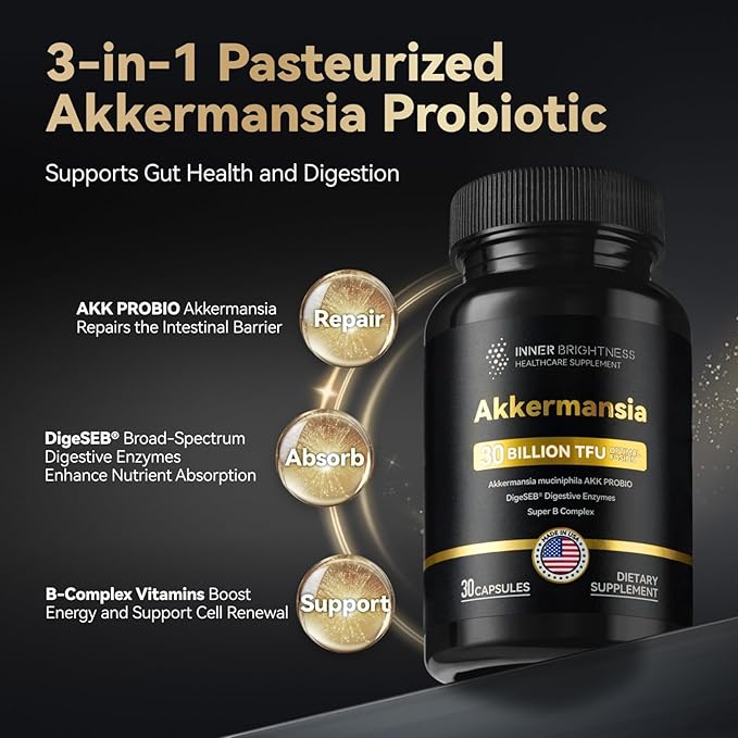 Akkermansia Probiotic, GLP-1 Supplement for Gut Health & Digestion, DigeSEB Digestive Enzymes & Vitamin B Complex - 30 Billion TFU, Third-Party Tested, 30 Capsules - 1 Month Supply for Men & Women