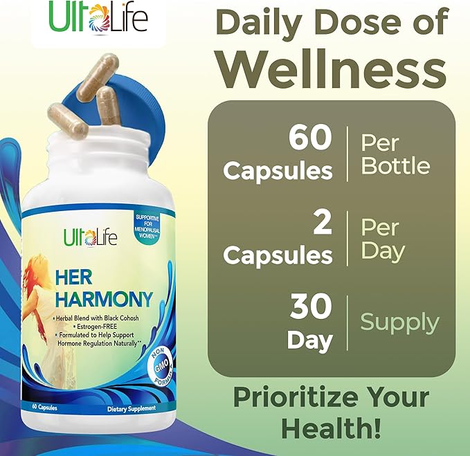 Her Harmony Menopause Supplements for Women - Hot Flashes Menopause Relief & Hormone Balance for Women - Contains Black Cohosh, Dong Quai, Red Clover & More - Estrogen Free - 60 Capsules