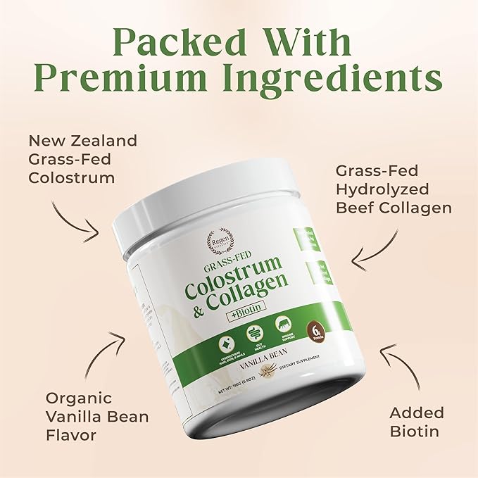 Grass-Fed Colostrum & Collagen Powder | Gut Health, Hair, Skin & Joint Support | New Zealand Bovine Colostrum, Hydrolyzed Collagen Peptides, 300mcg Biotin | Vanilla Bean | 28 Servings