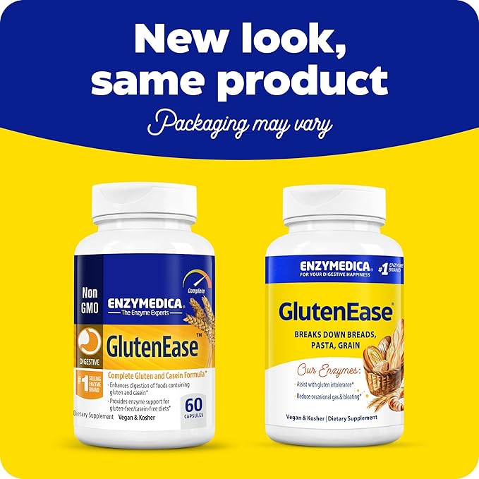 Enzymedica GlutenEase, Digestive Enzymes for Food Intolerance, Support for Hidden Gluten & Cross-Contamination, Offers Fast Acting Gas & Bloating Relief, 60 Count (FFP)