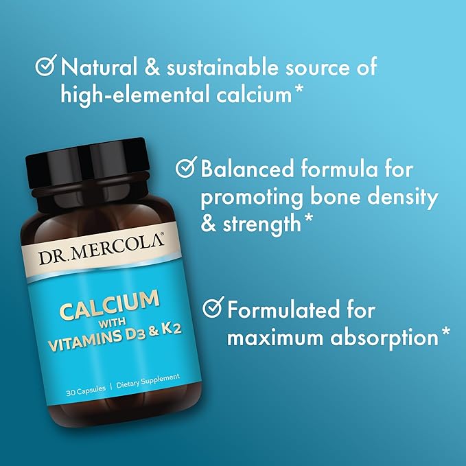 Dr. Mercola Calcium with Vitamins D3 & K2 - Supports Bone & Heart Health* - Calcium with Vitamins D3 & K2 - Eggshell-Derived - Non-GMO, Gluten-Free & Soy Free - 30 Capsules (30 Servings)