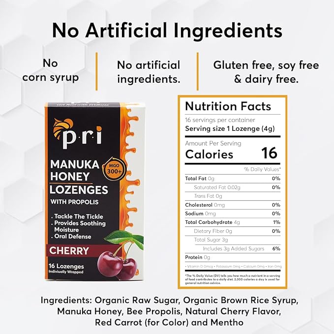 P.R.I Manuka Honey Lozenges with Propolis, Soothing Cough and Throat Drops, MGO 300+ Certified, (Cherry, 16 Count)