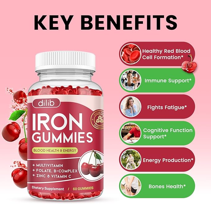 Iron Gummies with Multivitamin, Iron Supplement for Women & Men with Zinc, Vitamin B Complex & C, B12, Folate - Blood Builder & Energy Support for Adults & Kids - Cherry Flavor, Vegan 60 Gummies