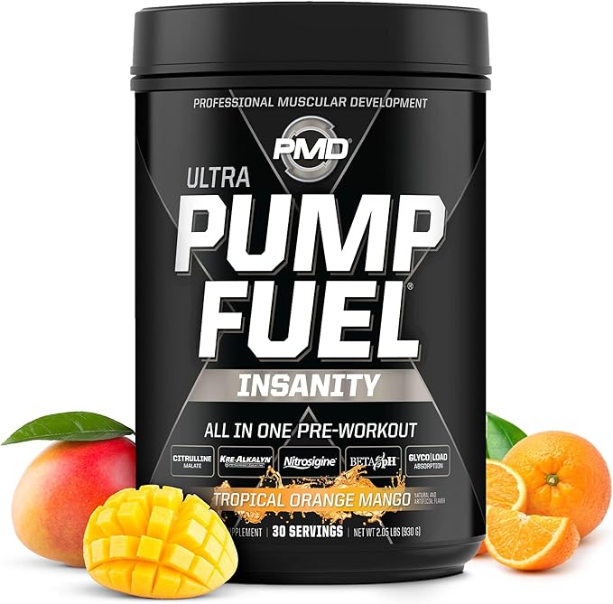 PMD Sports Ultra Pump Fuel Insanity - Pre Workout Drink Mix for Energy, Strength, Endurance, Recovery - Complex Carbohydrates and Amino Energy - Tropical Orange Mango (30 Servings)