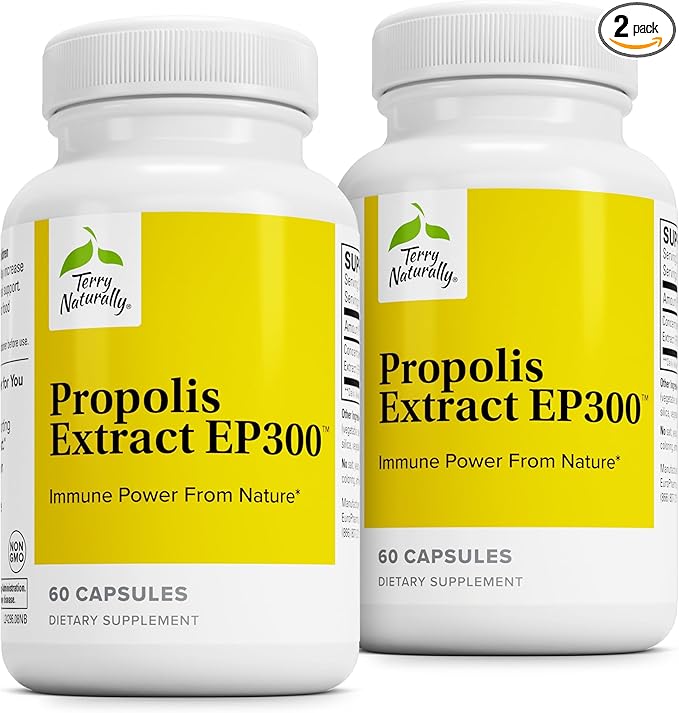 Terry Naturally Propolis Extract EP300 - Upper Respiratory & Immune System Support Supplement - Child & Adult Supplement with Bee Propolis Extract - 60 Capsules, 2 Pack