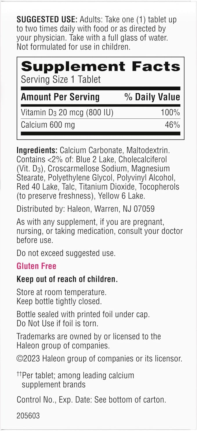 Caltrate 600 Plus D3 Calcium and Vitamin D Supplement Tablets, Bone Health Supplements for Adults - 60 Count