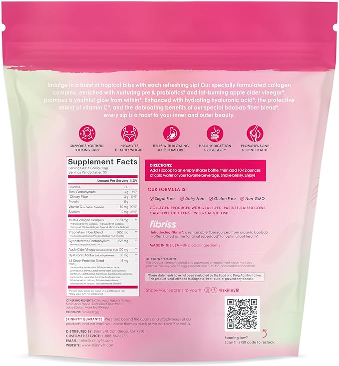 SkinnyFit - Super Youth, Strawberry Watermelon (30 Servings) - Multi Collagen Peptides Powder - Probiotics, Fiber, Hyaluronic Acid - Collagen for Women - Non GMO, Gluten Free, Sugar Free - Self Care
