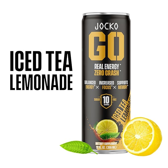 Jocko GO Energy Drink - KETO, Vitamin B12, Vitamin B6, Electrolytes, L Theanine, Magnesium- Energy Boost, Sugar Free Nootropic Monk Fruit Blend - 12 Pack (Iced Tea - Lemonade)