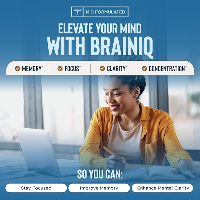 BrainIQ Nootropic Brain Supplements for Memory and Focus | Memory Supplement for Brain Health | Cognitive Supplement & Memory Pill with Lion's Mane, L-threonine & Coffee Extract - 60 Count (Pack of 2)