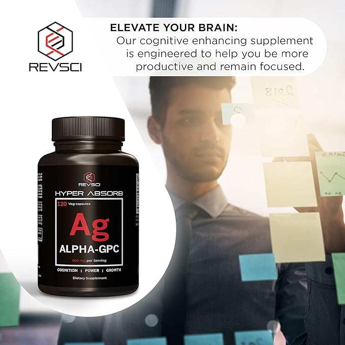 Alpha GPC Supplement & BioPerine for Hyper Absorption - 120 Count, 600mg Serving - Nootropics for Memory, Focus, Energy, Motivation - Choline Supplements to Boost Acetylcholine, USA Made by RevSci
