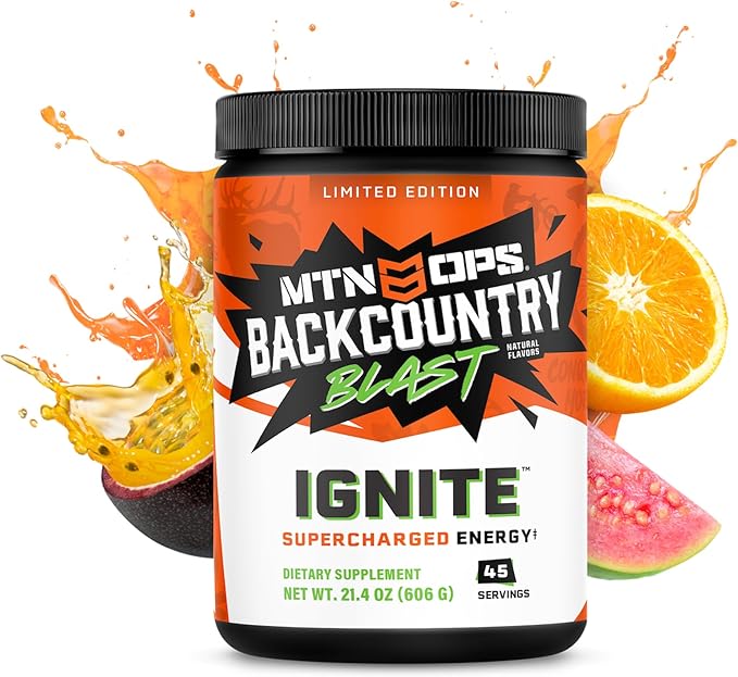 MTN OPS Ignite Energy Drink Powder, Gluten Free Nitric Oxide Supplement Drink Mix, L Arginine, L Citrulline, Caffeine & Nootropic Sugar Free Drink Mix, 45 Servings, Backcountry Blast