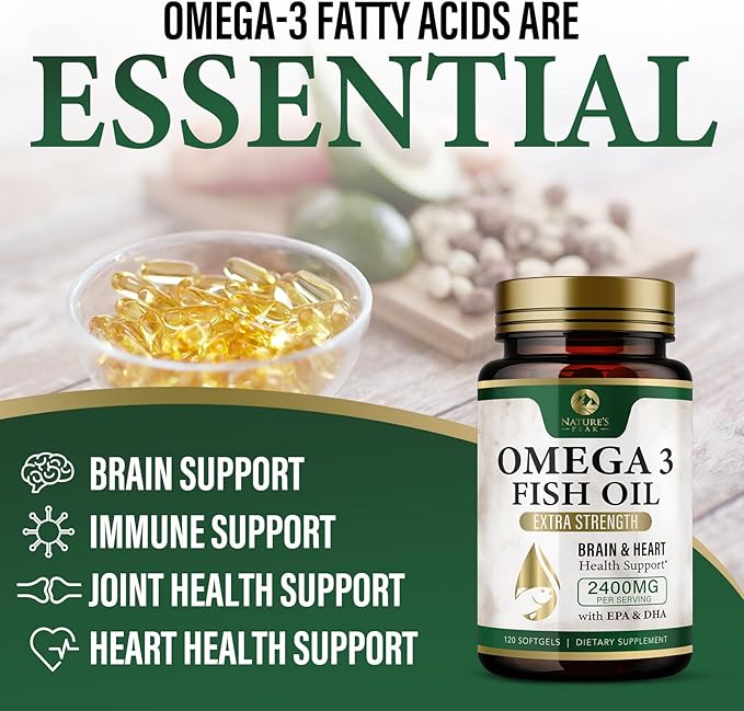 Nature's Peak Fish Oil 2400 mg - Triple Strength Fish Oil Supplement, Omega 3 Fish Oil w/EPA & DHA Fatty Acids for Healthy Heart Support, Burpless Omega 3 Supplements, 60 Day Supply - 120 Softgels
