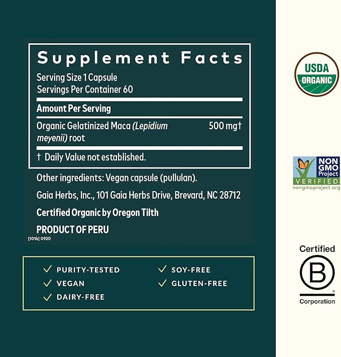 Gaia Herbs Maca Root - Caffeine-Free Natural Energy Supplement - Supports and Maintains Healthy Energy and Stamina - Made with Organic Maca Root (Lepidium meyenii) - 60 Vegan Capsules (30-Day Supply)