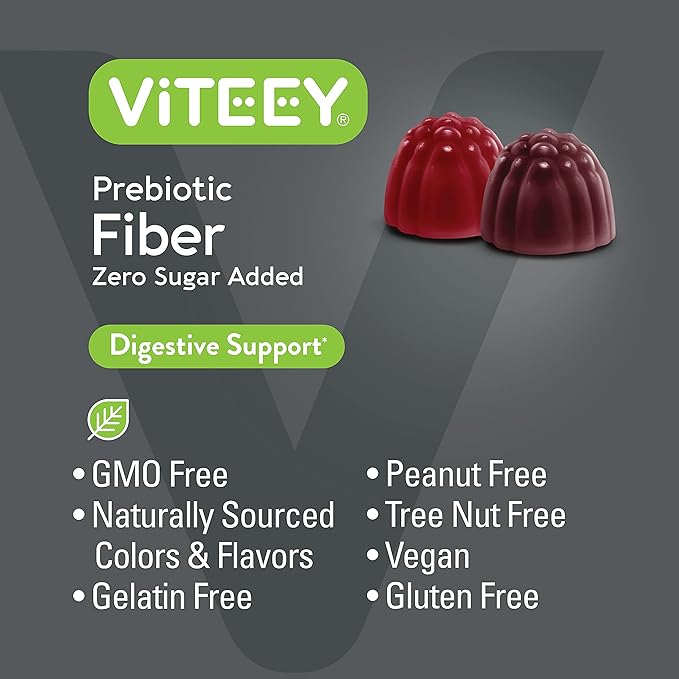 Viteey Prebiotic Fiber Gummies for Adults, 4g - Zero Sugar Added - Fiber Supplement for Digestive Health Regularity & Natural Weight Support - Vegan, Gelatin Free - Chewable Fruit Flavored Gummy