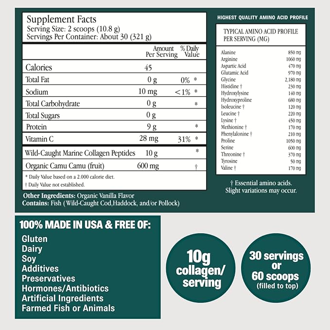 ENSANTE Premium Marine Collagen Peptides Powder Vanilla, Clinically Backed Type I II III IV Collagen, Wild Deep Sea Fish Collagen with Organic Camu Camu Vitamin C for Hair Skin Nail Joint, Lab Tested