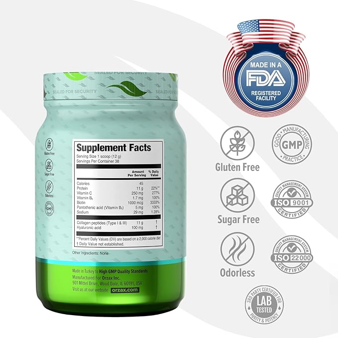 ORZAX Collagen Peptides Powder - 11 g Collagen Type I & III, Biotin & Hyaluronic Acid, 16 oz (Unflavored)