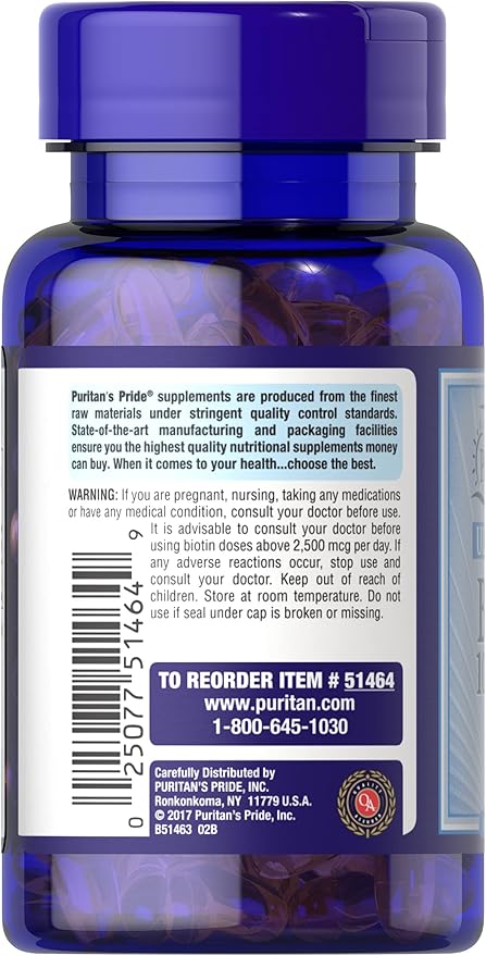 Puritan's Pride Biotin 10000 Mcg, Helps Promote Skin, Hair and Nail Health, Softgels 100 Count (Pack of 2)