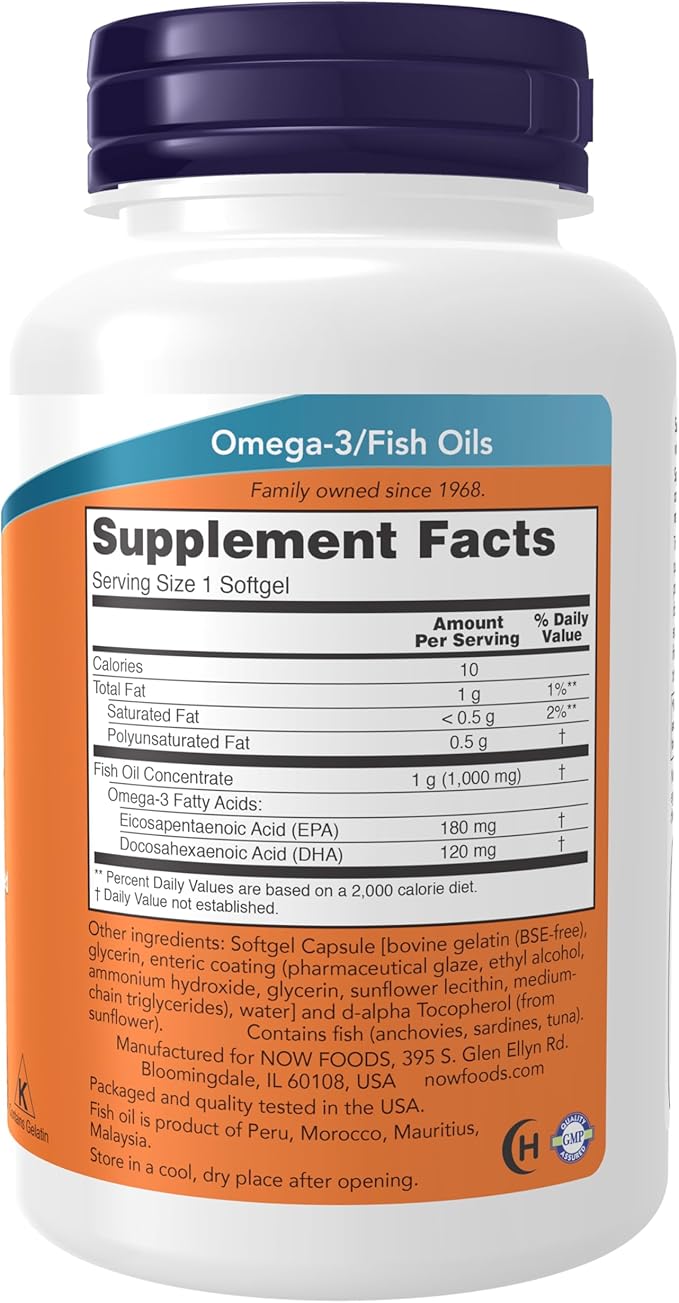 NOW Foods Supplements, Omega-3 180 EPA / 120 DHA, Enteric Coated, Cardiovascular Support*, 90 Softgels