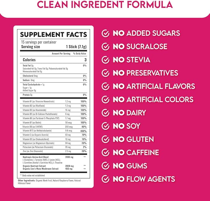 Performance & Wellness Drink Mix | Raspberry Hibiscus | Organic Superfoods | Organic Nootropics | Vitamins & Minerals | Zero Added Sugar | 15 ct.