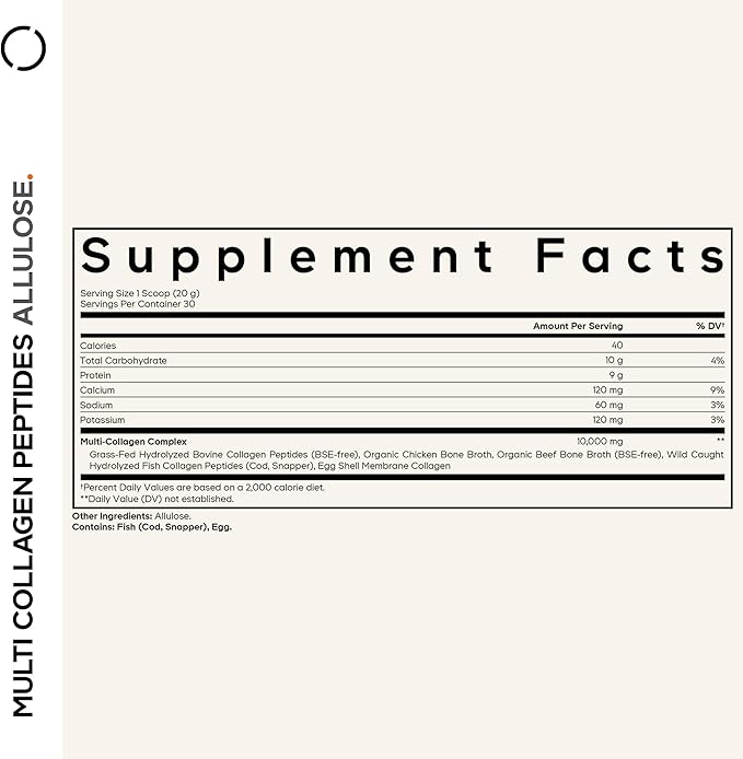 Codeage Multi Collagen Peptides Powder + Allulose - 5 Types - Grass-Fed Collagen - Rare Sugar Allulose Supplement - 0 Calorie Sweetener & 0 Carbs - 18 Amino Acids - Unflavored - Non-GMO - 30 Servings