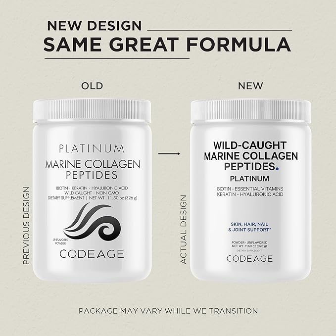 Codeage Marine Collagen Protein Powder Supplement Platinum - Biotin 10,000 mcg, Vitamin C, D3 & B6, Keratin, Hyaluronic Acid, Niacin, Wild Caught Hydrolyzed Fish Collagen Peptides - Non-GMO - 11.50 oz