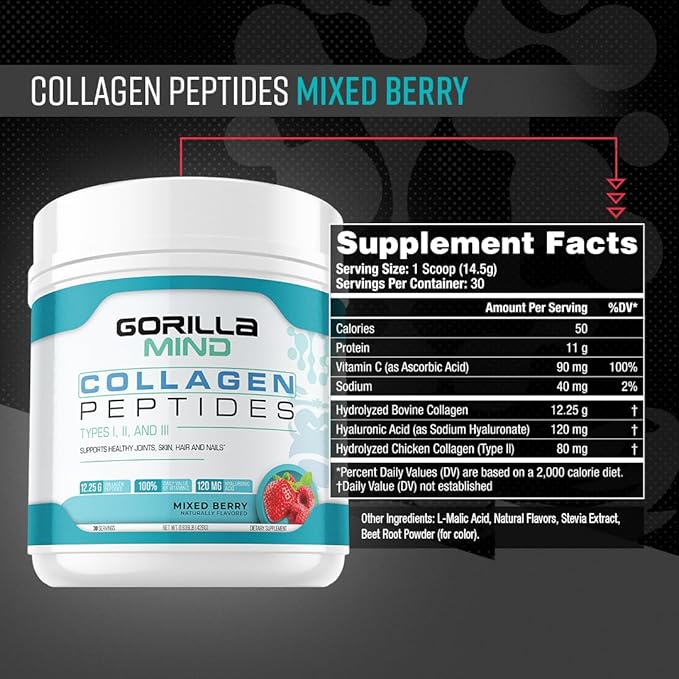 Gorilla Mind Collagen Peptides Powder - Joint & Bone Health/Great for Hair, Skin & Nails/Sleep Support/Types I, II, III/Mix in Water, Juice or a Smoothie - 426g (Mixed Berry)