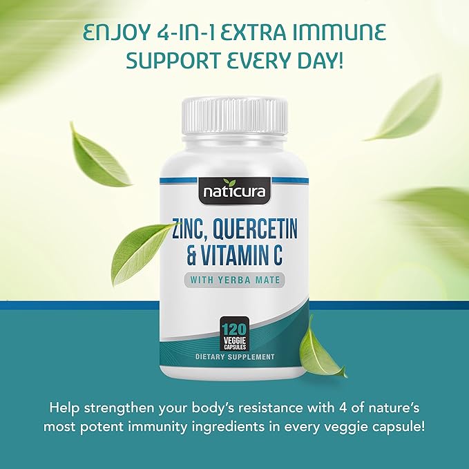 Zinc Quercetin with Vitamin C and Yerba Mate - 4-in-1 Nutritional Immune Support Supplement - 120 Veggie Capsules - Made in the USA