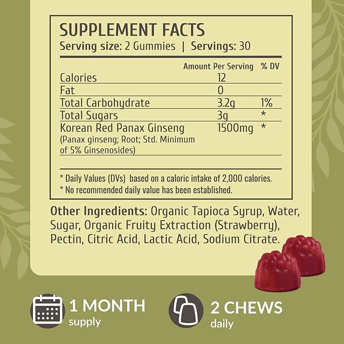 HERBAMAMA Panax Ginseng Gummies - 1500mg Korean Red Ginseng Root for Energy Support - Vegan, Non-GMO Red Panax Immune Support Supplement - 60 Pectin-Based Strawberry-Flavored Chews