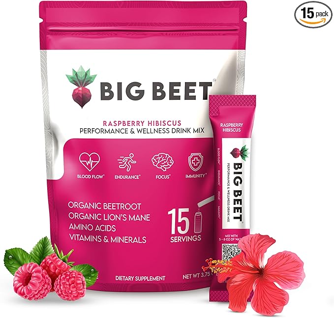 Performance & Wellness Drink Mix | Raspberry Hibiscus | Organic Superfoods | Organic Nootropics | Vitamins & Minerals | Zero Added Sugar | 15 ct.