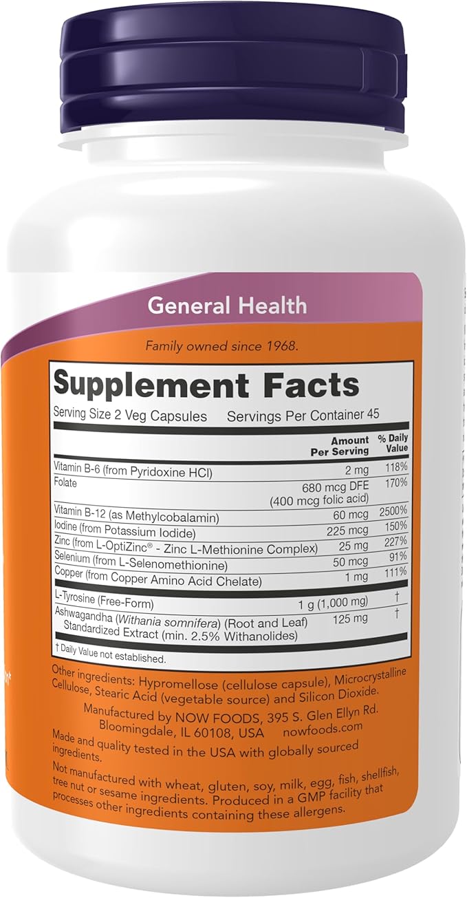 NOW Foods Supplements, Thyroid Energy™, Iodine and Tyrosine plus Selenium, Zinc and Copper, 90 Veg Capsules