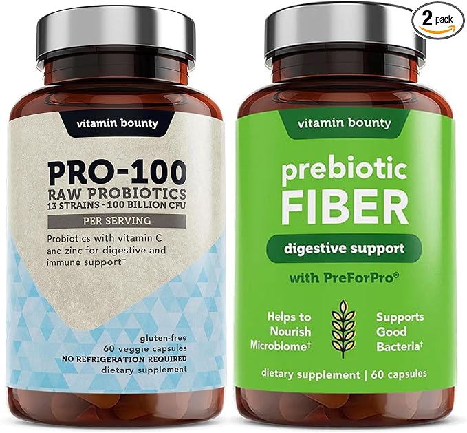 Vitamin Bounty Pro-100 Probiotics & Prebiotic Fiber Bundle: Ultimate Gut Health Support with 13 Strains, 100 Billion CFUs, Zinc & Vitamin C, Delayed Release Capsules - 90 Capsules
