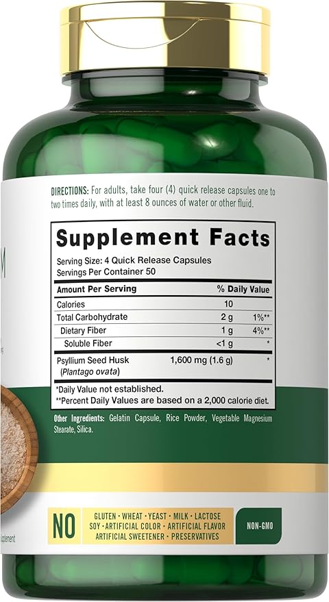 Carlyle Psyllium Husk Capsules | 1600mg | 200 Count | High Potency Fiber Supplement | Non-GMO, Gluten Free
