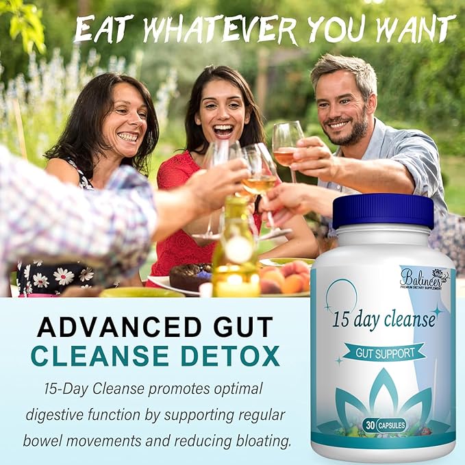 15 Day Cleanse, Gut and Colon Support, Advanced 15 Day Gut Cleanse Detox for Women & Men with Senna, Cascara Sagrada & Psyllium Husk, Non-GMO, 30 Capsules
