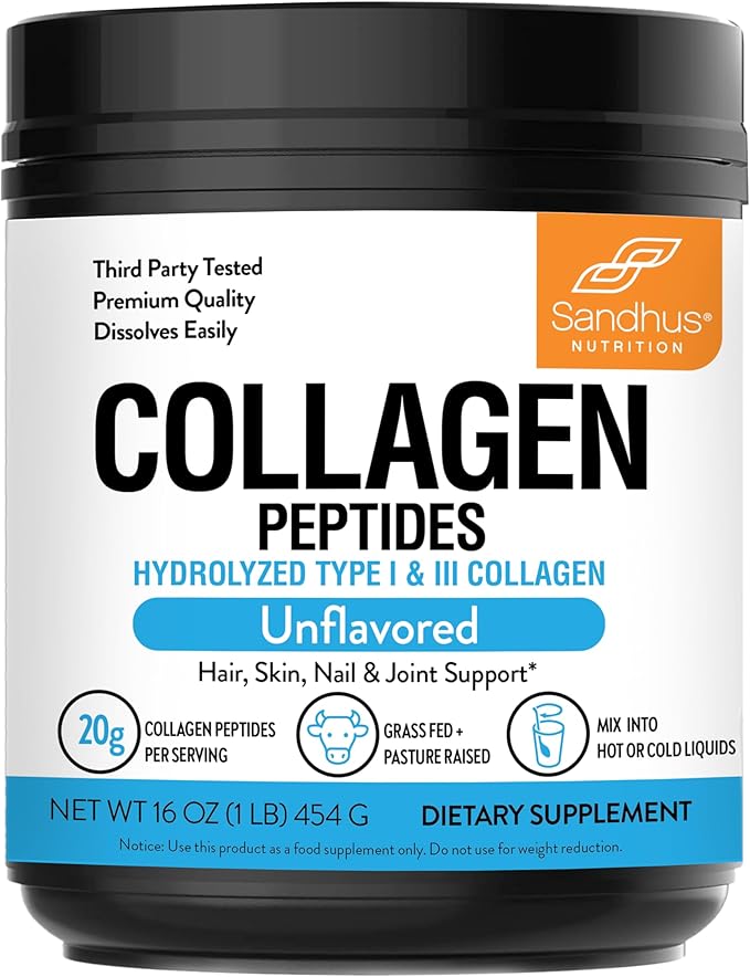 Sandhu's Collagen Peptides Powder|1 lb, 22 Servings Unflavored| Grass-Fed Hydrolyzed Bovine Collagen |Made in USA| Supports Youthful Skin, Hair, Nails, Mobility, Flexibility, Joint & Bone Health