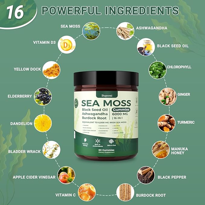 Sea Moss Gummies 16-1, Black Seed Oil Ashwagandha Turmeric Bladder Wrack Vitamin C Vitamin D3 Elderberry Manuka Dandelion Yellow Dock Apple Cider Vinegar for Men & Women