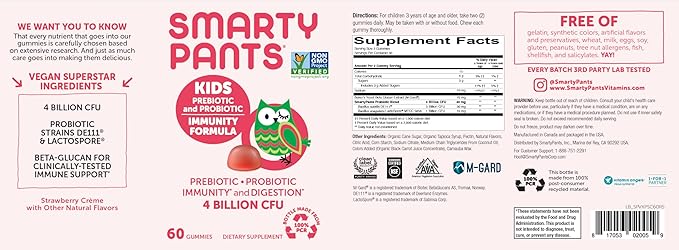 SmartyPants Kids Probiotic Immunity Gummies: Prebiotics & Probiotics for Immune Support & Digestive Comfort, Strawberry Crème, Vegan Gummy Vitamins, 60 Count, 30 Day Supply, No Refrigeration Required