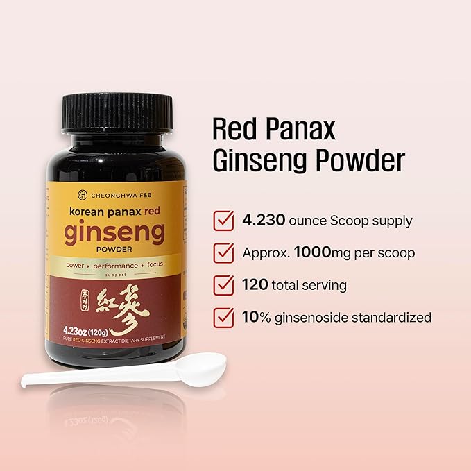 CHEONGHWA F&B Panax Ginseng Powder, 10% Ginsenoside (Total 20,000mg, 4 Month Supply), 4.23oz, +5 Year Grown Korean Red Panax Ginseng, Focus & Immune Support, Ultra-fine Powder, Non-GMO