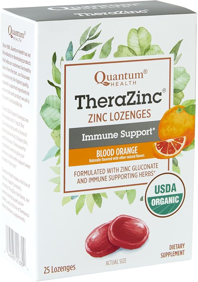 Quantum Health TheraZinc USDA Organic Zinc Lozenges|Blood Orange|Immune Support Formulated with Zinc Gluconate|Fast Relief|No Aftertaste|25 Count