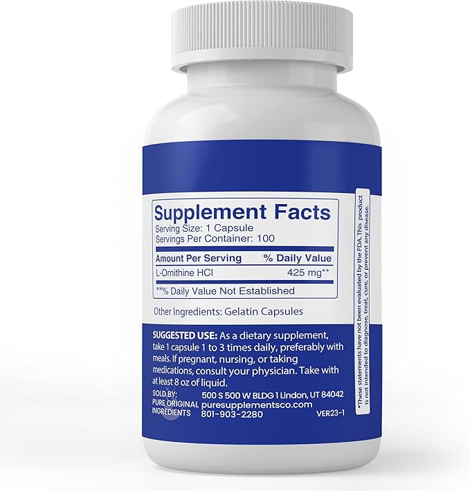 Pure Original Ingredients L-Ornithine, (100 Capsules) Always Pure, No Additives Or Fillers, Lab Verified