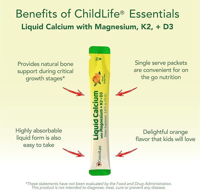 ChildLife Essentials Liquid Calcium Supplement for Kids Single Serve - Baby Calcium with Magnesium, Vitamin D3, & K2 for Bone Support, On The Go Nutrition - Orange Flavor, 0.34 fl oz (30 Stick Packs)