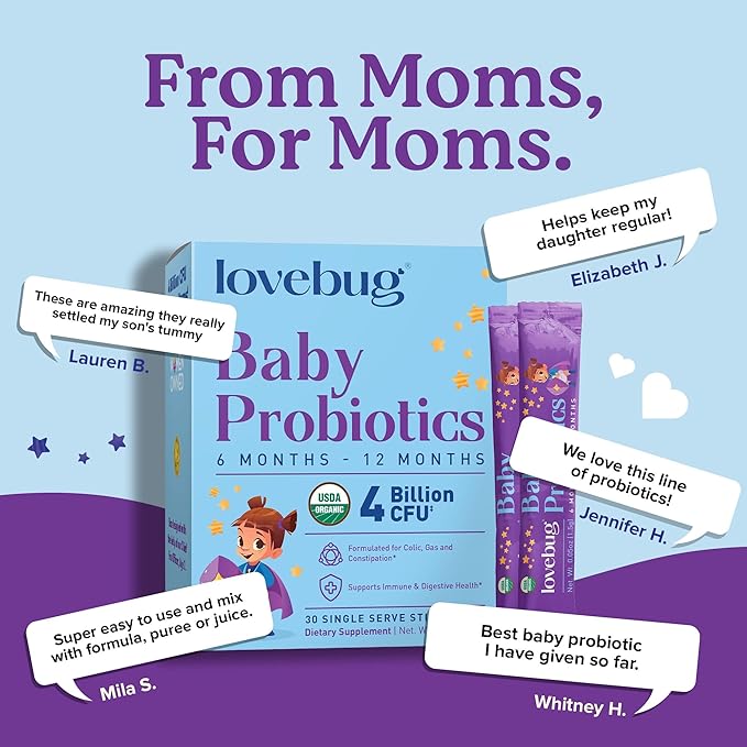 Lovebug Award Winning USDA Organic Probiotic for Babies | Multi-Strain 4 Billion CFU | Easy-to-Take Powder | Sugar Free | Ages 6-12 Months | 30 Packets