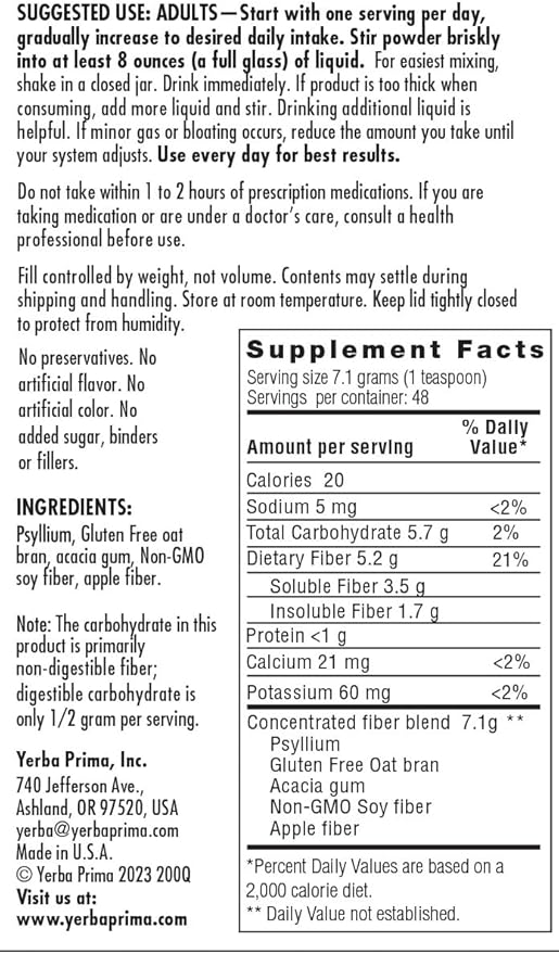 Yerba Prima Daily Fiber Formula Powder - 12 oz (Pack of 3) - Soluble & Insoluble Dietary Fiber Supplement - Colon Cleanse - Vegan, Non-GMO, Gluten-Free